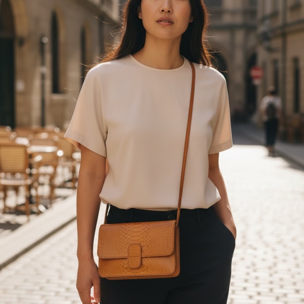 MUNDI small vintage Tan leather clean Crossbody Bag with Flap Closure - Picture 2 of 13